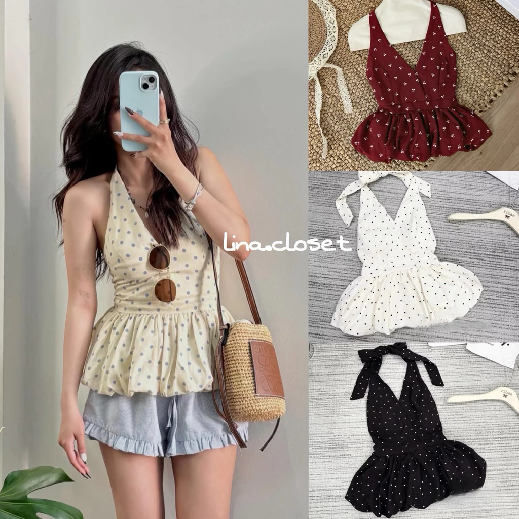 (Sẵn đệm mút) Áo cổ yếm buộc nơ hoạ tiết chấm bi dáng bí phồng hở lưng chun sau DOTTIE TOP