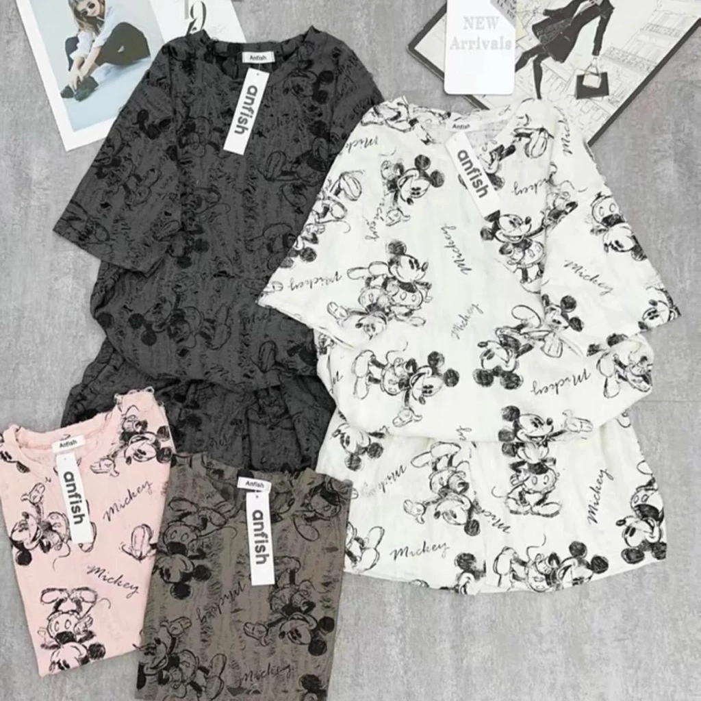 Set bộ thun đũi xước rách cotton giấy rách form rộng tay lỡ + quần đùi free size  XƯỚC RÁCH Nữ Women Áo Top - mickey