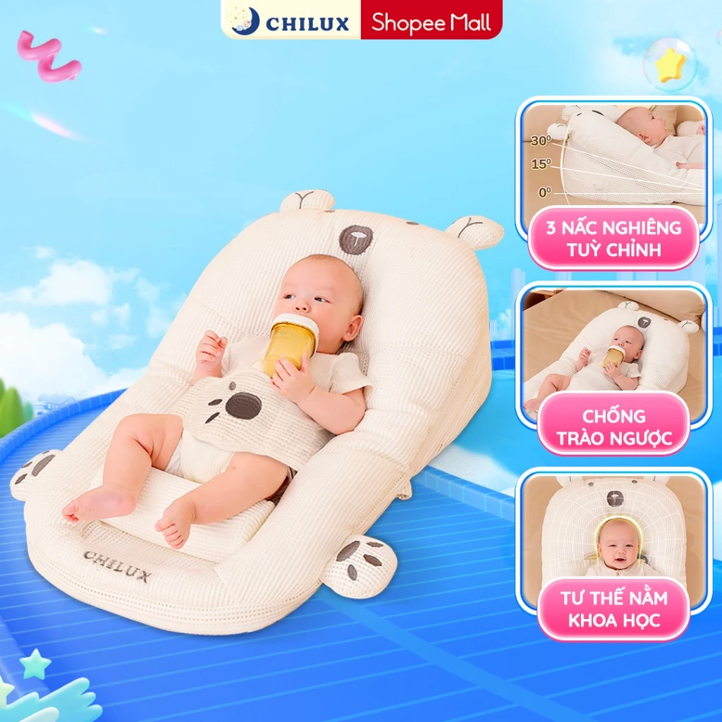 Gối chống trào ngược cho bé gấu trắng Chilux - Thiết kế 3 nấc nghiêng tuỳ chỉnh, gối định hình