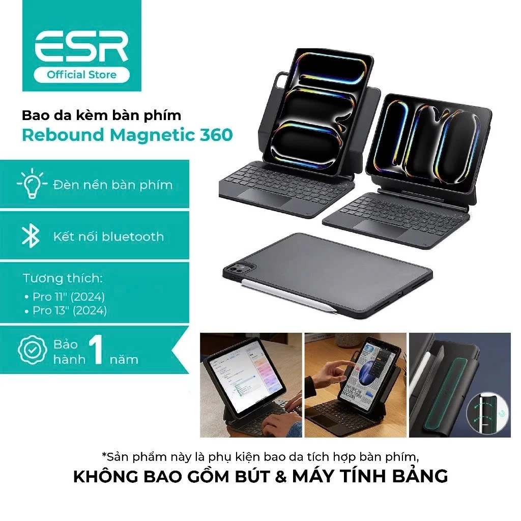 Bao da bàn phím ESR Magnetic Rebound 360 cho Pro 11\" (2024), Pro 13\" (2024)