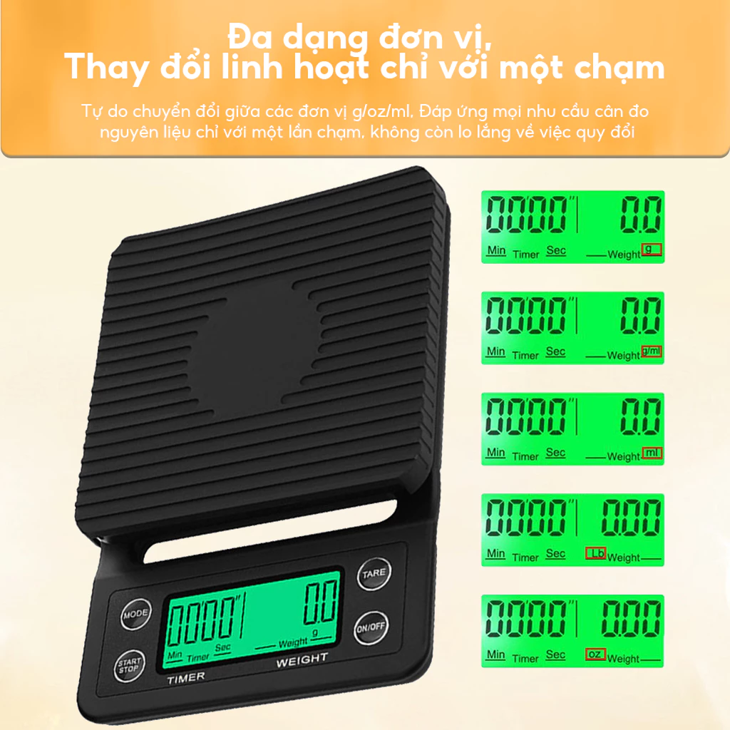 CÂN PHA CAFE CHUYÊN NGHIỆP - Cân Điện Tử Đa Năng Tích Hợp Đồng Hồ Bấm Giờ, Chống Nước | Độ Chính Xác 0.1g