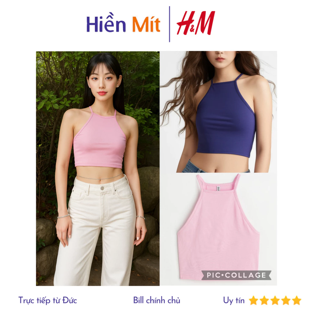 H&M Đức - Áo croptop cổ yếm màu hồng xanh dương sale auth new tag cao cấp chính hãng 1031510016 HM