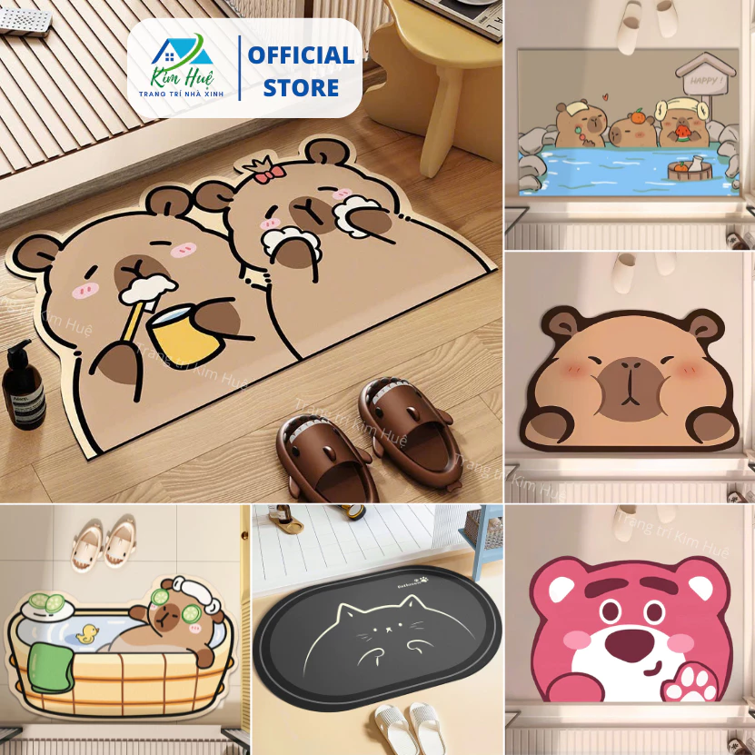 Thảm lau chân, thảm chùi họa tiết Capybara, gấu dâu bali đế cao su chống trơn trượt 40x60cm - Kim Huệ X01