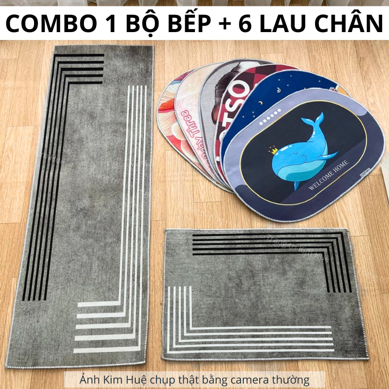 Combo 1 bộ thảm bếp 2 tấm kèm 6 thảm lau chân trải nhà bếp, trang trí cửa ra vào, trước nhà tắm - Kim Huệ X15
