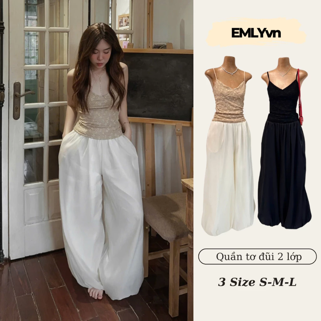 EMLY - (KHÔNG CÓ TÚI) Quần Tơ Đũi Ống Rộng Bo Gấu 2 Lớp Nữ, Quần Đũi Ống Rộng Mùa Hè Basic Hot Trend Cực Xinh