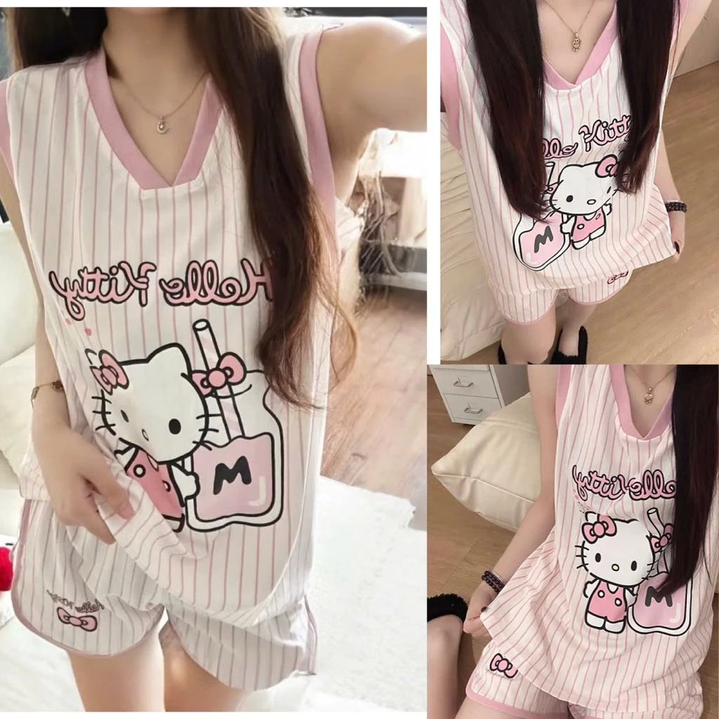 Set Đồ Bộ Kẻ Hellokity Tanktop Sát Nách Quần Cộc Chất Cotton