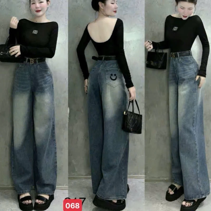 Quần jean nữ ống rộng, quần baggy nữ ống suông chất demin cạp cao thời trang Bi shop173 ms068