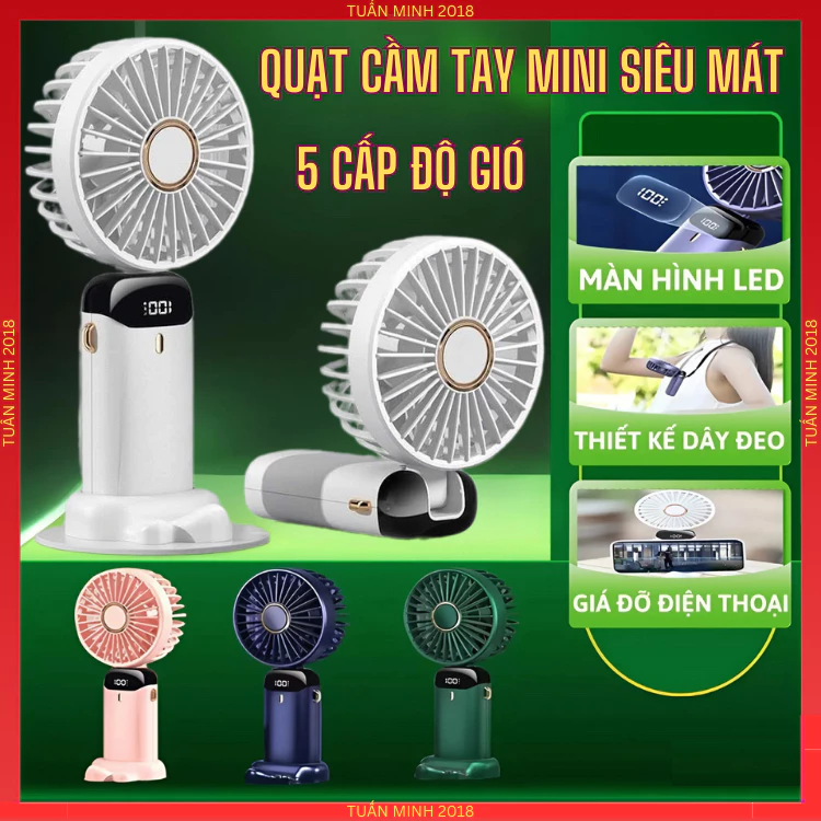 Quạt Mini Cầm Tay M1 / N15 , 5 Tốc Độ Gió Có Dây Đeo Màn Hình Led - Quạt Cầm Tay Xoay Linh Hoạt 90 Độ Nhỏ Gọn Tiện Lợi