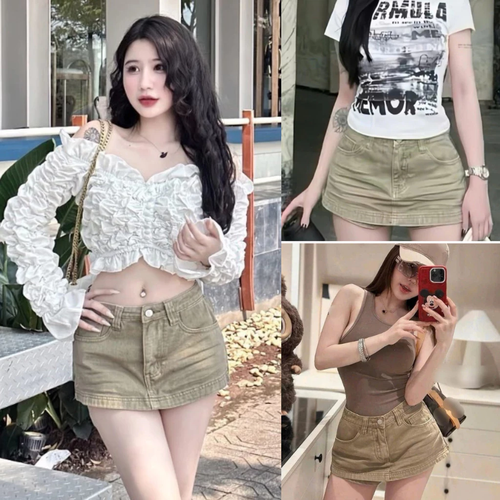 Chân váy Jean chữ A dáng ngắn MIAA màu nâu chất bò cạp cao có quần bảo hộ hottrend phối đồ siêu đẹp
