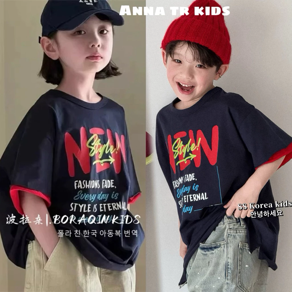 ( Ảnh Thật ) 005732 Áo thun xanh đen in chữ NEW Style và điểm viền tay đỏ đơn giản Bé Trai / Bé Gái