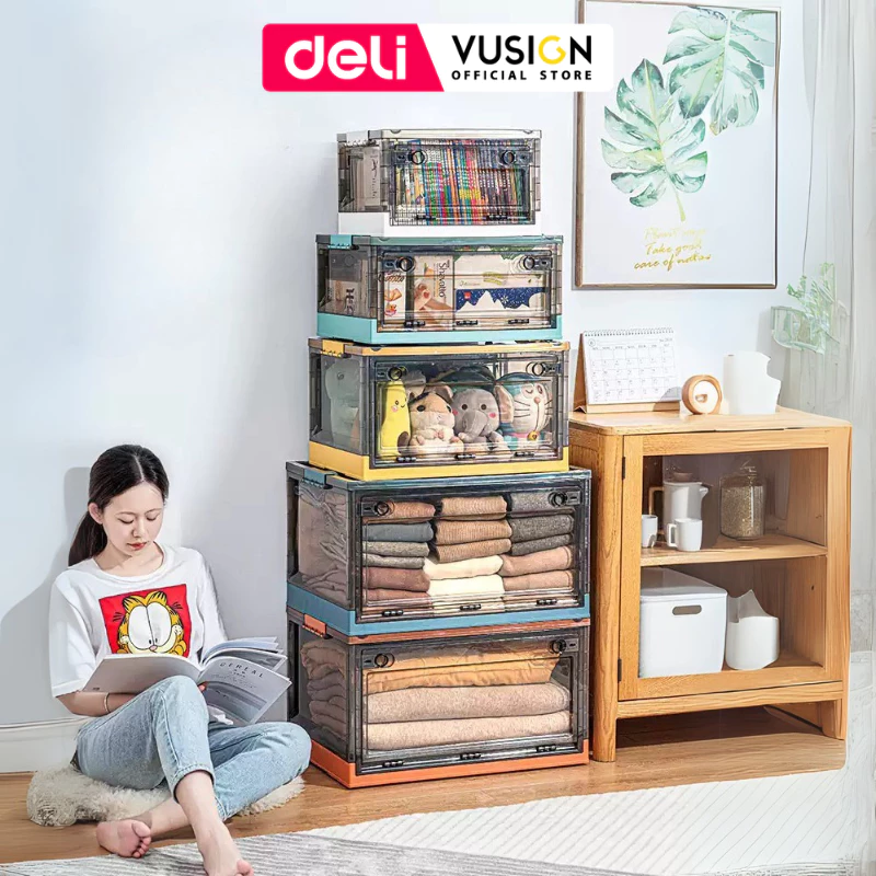 Hộp đựng đồ gấp gọn đồ chơi, sách vở, quần áo chăn màn cỡ lớn 86L nhựa đa năng Deli có bánh xe có thể xếp chồng tháo lắp