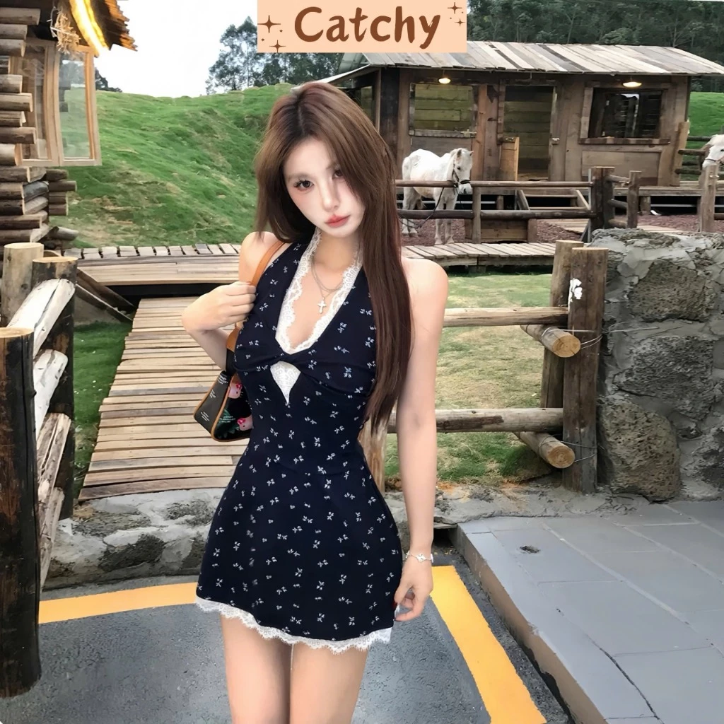 Đầm nữ hoa nhí cổ yếm phối ren dáng ôm body xinh xắn kiểu Hàn Quốc đi tiệc dạo phố CATCHYSTORE