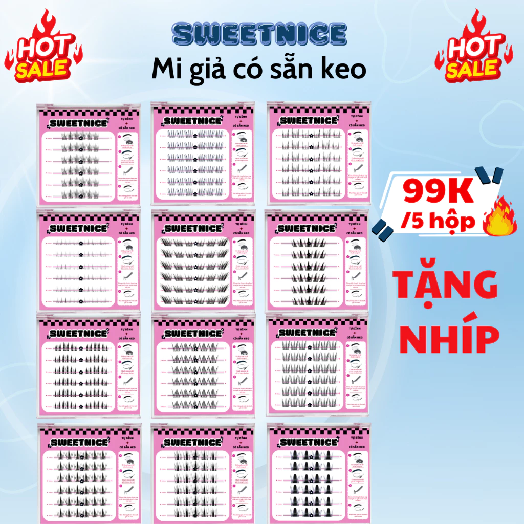 [99k/5 Hộp] Sweetnice Mi Giả Sẵn Keo, Mi Tự Dính, Mi Chùm, Mi Cụm, Tái Sử Dụng, Mềm Mại, Tiện Lợi