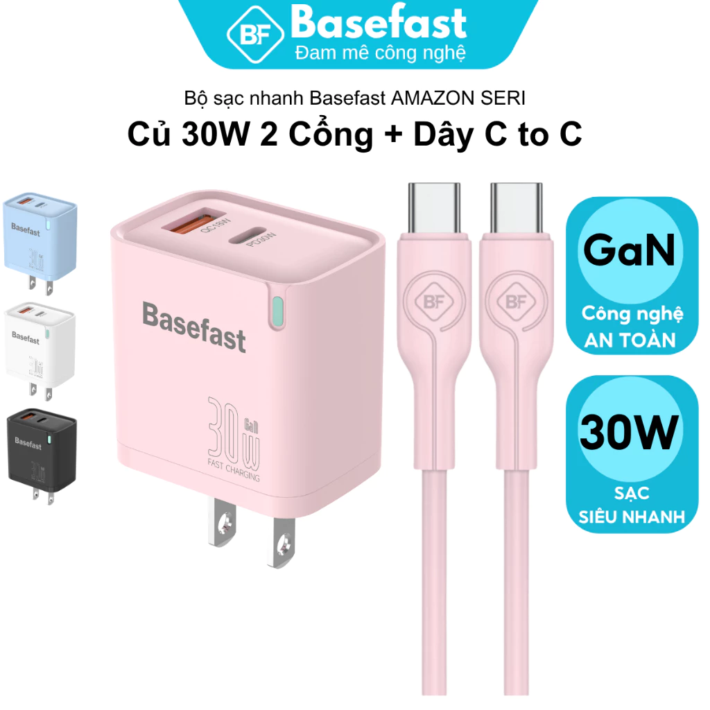 Bộ sạc nhanh Type C 30W Basefast Cốc sạc 2 cổng siêu bền dùng cho Phone 15 16 samsung oppo xiaomi...