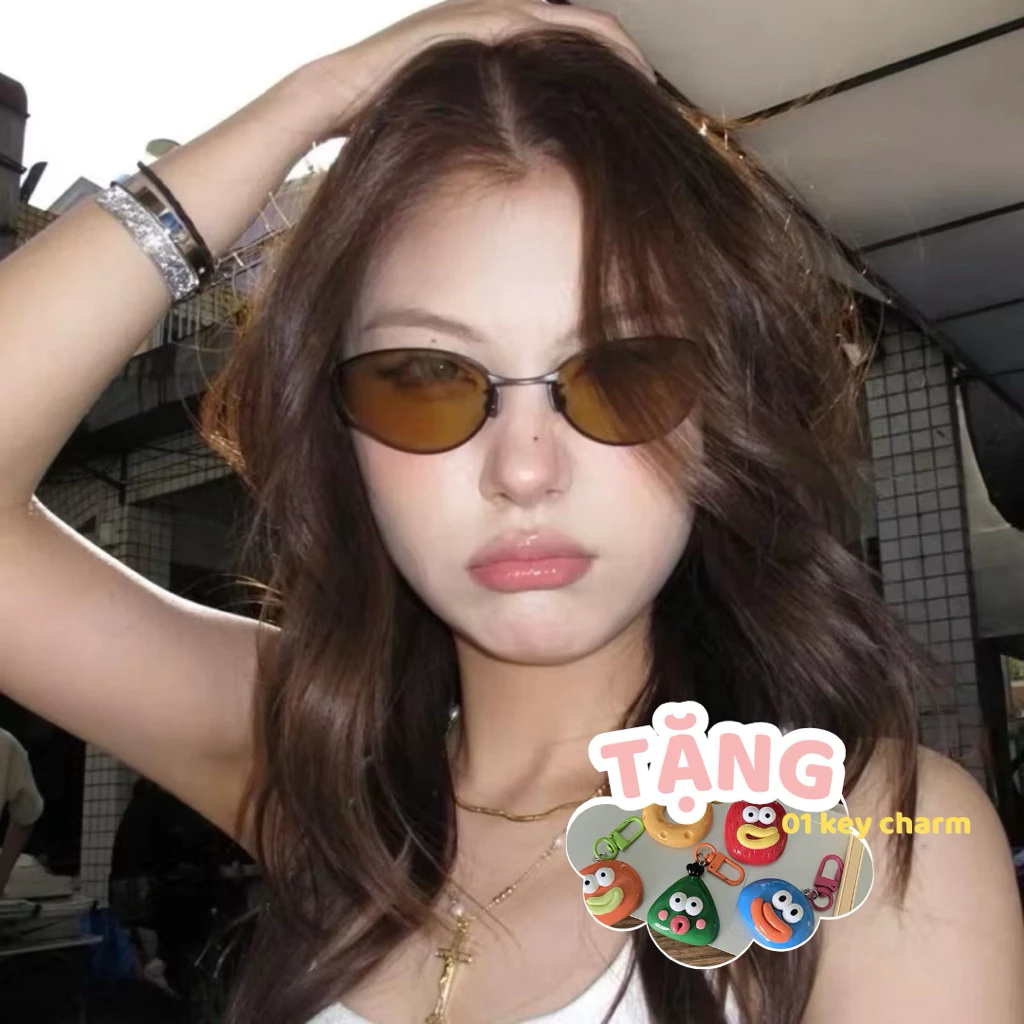 Kính râm hè, kính mắt mèo Y2K kim loại, kính râm nâu cafe thời thượng G.m