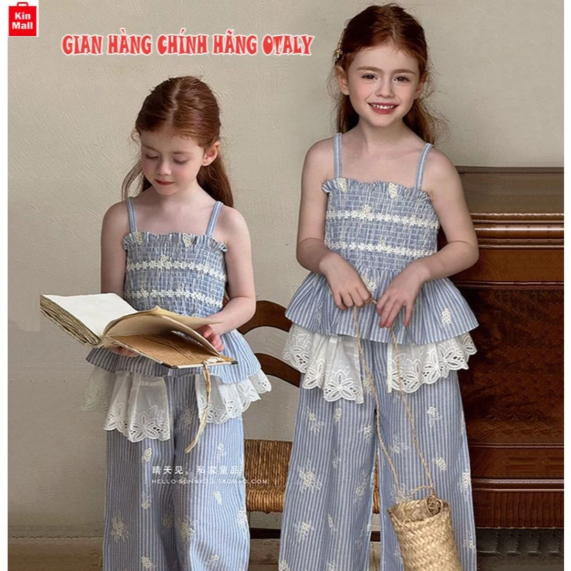 CHÍNH HÃNG OTALY - Set Bộ Áo 2 Dây + Quần Suông Ống Rộng Thêu Hoa Nổi Xinh Như Hot Girl Hàn Quốc cho bé Gái (10-30kg)