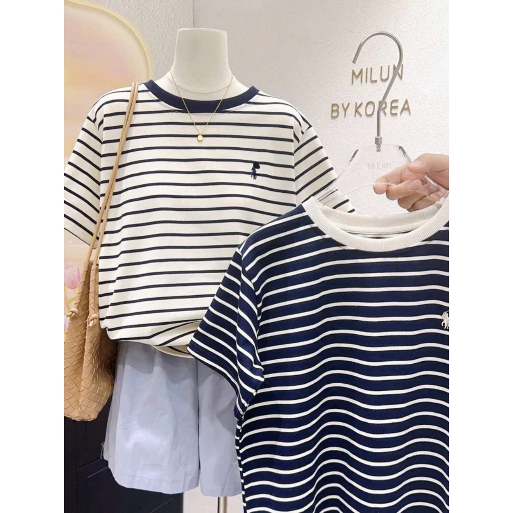 Áo thun nữ ngắn tay kẻ sọc viền cổ phong cách Hàn Quốc, áo thun sọc ngang vải cotton dày 100% cao cấp
