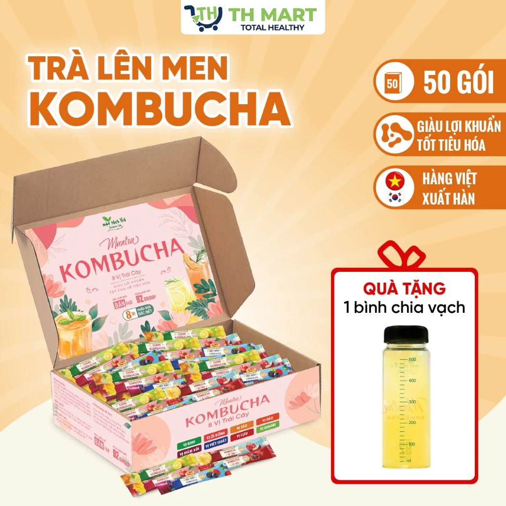 [TẶNG BÌNH] Hộp 50 Gói Trà Lên Men Kombucha Mix 8 Vị Bổ Sung Lợi Khuẩn, Không Đường, Ít Calo