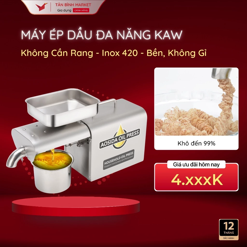 Máy Ép Dầu KAW 888A - Điều Chỉnh Nhiệt Độ, Công nghệ Ép Chậm, Ép Kiệt Bã, Sản Lượng Dầu Cao