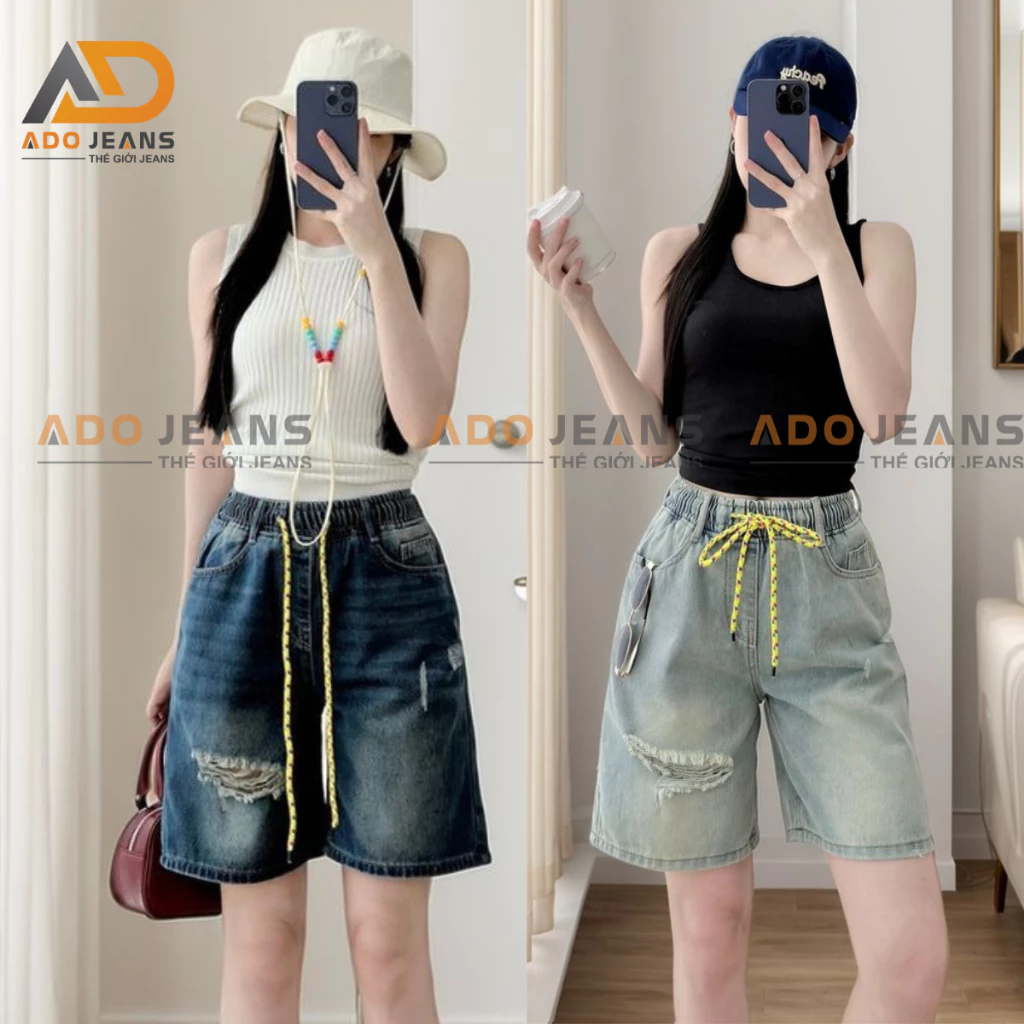 Quần short Jean nữ lưng chun dây rút phối màu , lưng thun co giãn rách 1 bên đùi cá tinh ADO JEANS (Mã SJ44)