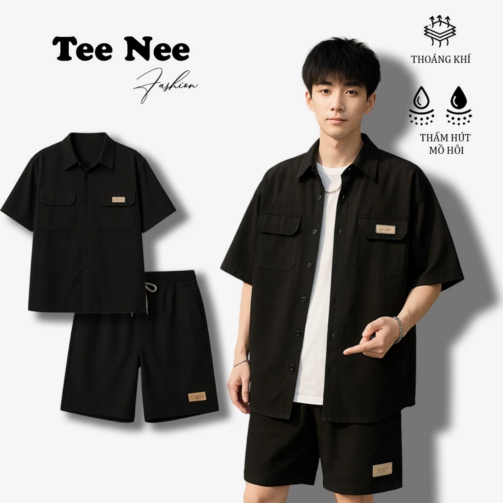 Bộ quần áo sơ mi cộc tay cao cấp Teenee phong cách unisex, set mùa hè nam nữ đường phố