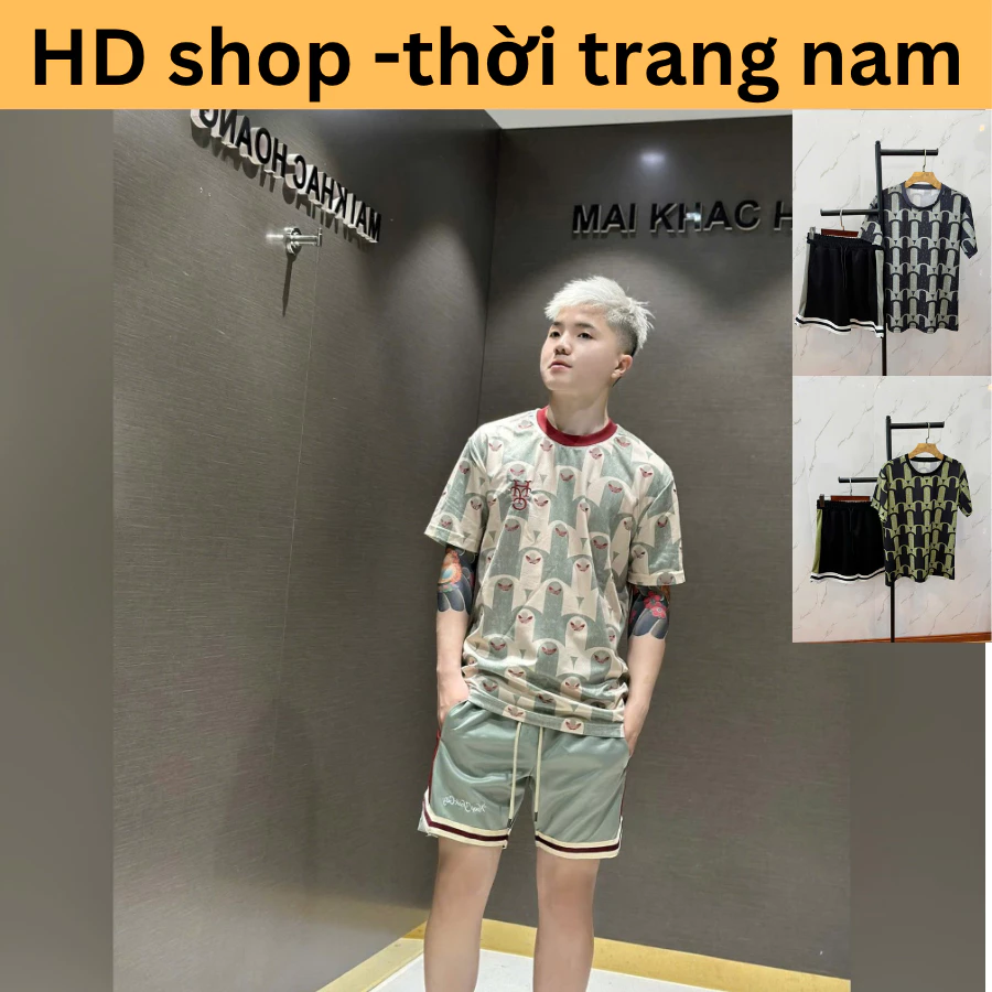Bộ quần áo Nam mùa hè thêu hình in logo đỏ + quần phối viền chạy rót chất  vải co dãn thoáng mát