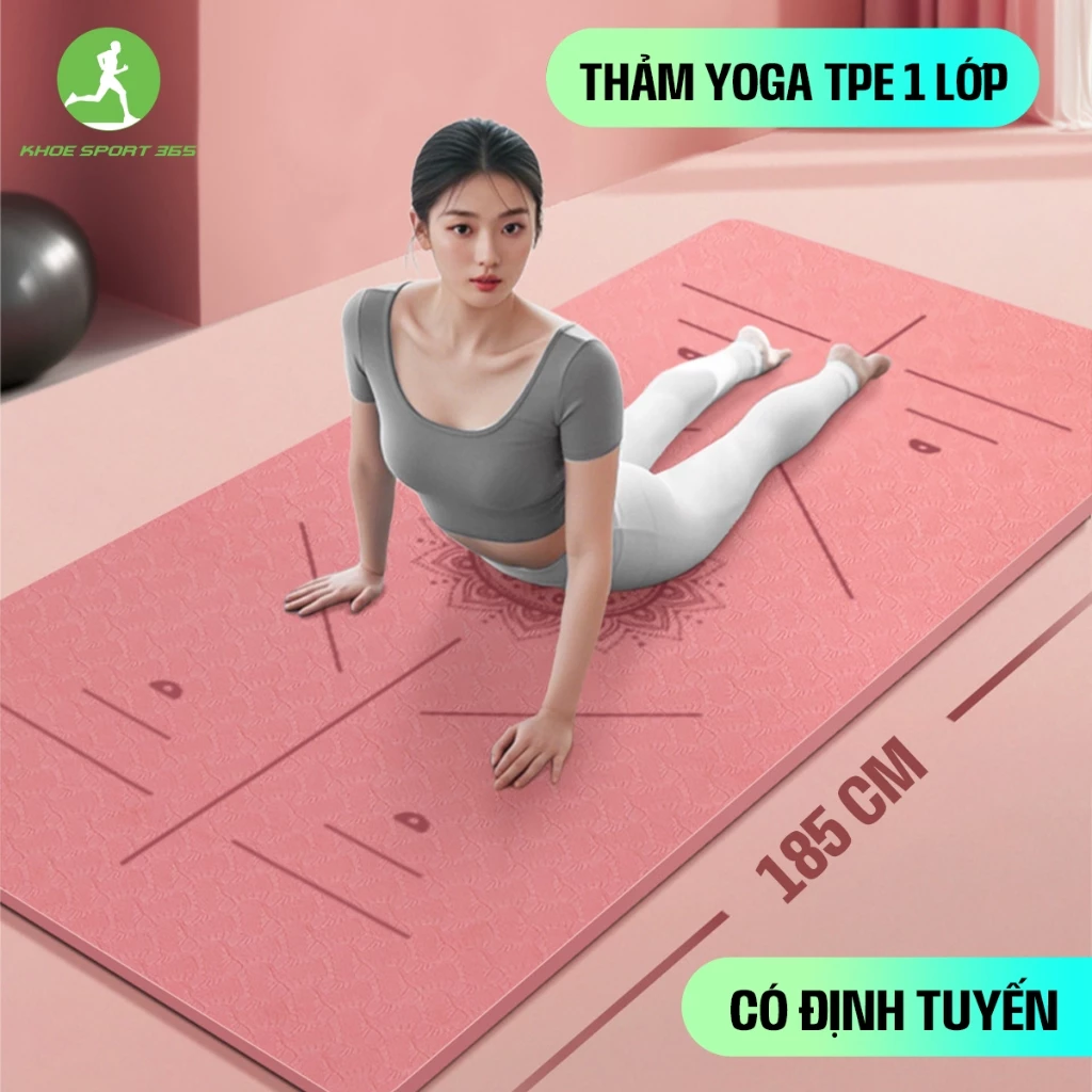Thảm tập yoga dày 8mm định tuyến 1 lớp,  chất liệu TPE đàn hồi cao cấp - Khoesport