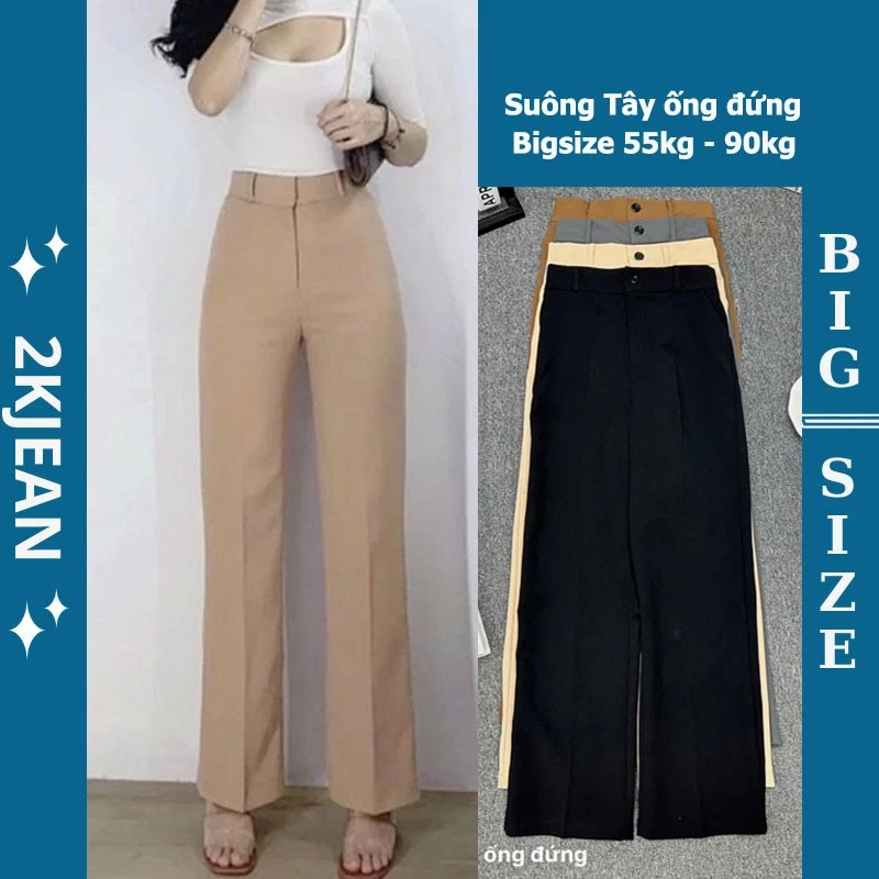 Quần suông ống rộng vải tây cạp cao Bigsize 55kg-85kg, kiểu dáng quần suông ống đứng nữ cạp chun QS9019 2KJeans