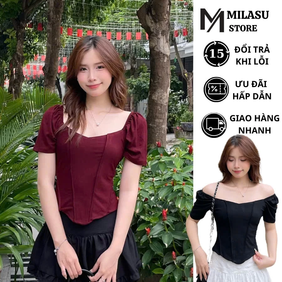 Áo Thun Cổ Vuông Tay Phồng Sang Trọng MILASU Áo Ôm Body Cổ Vuông Quyến Rũ 418