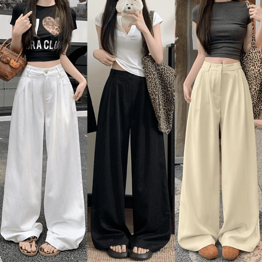 Quần Kaki Xếp Ly Nữ Suông Ống Rộng Lưng Cao Cạp Chun Quần Jean Kaki Khóa Kéo Ôm Eo Cực Tôn Dáng