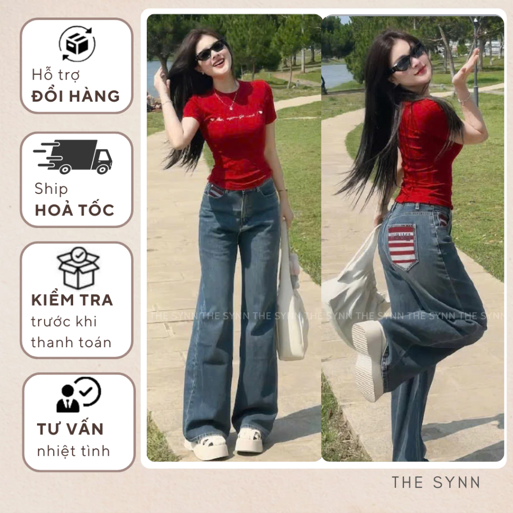 QJ01 - Quần Jeans Nữ Form Suông Loe Nhẹ Phối Hoạ Tiết Thêu Đỏ Sọc Màu Xanh Đậm Phong Cách Chất Vải Thoải Mái The Synn