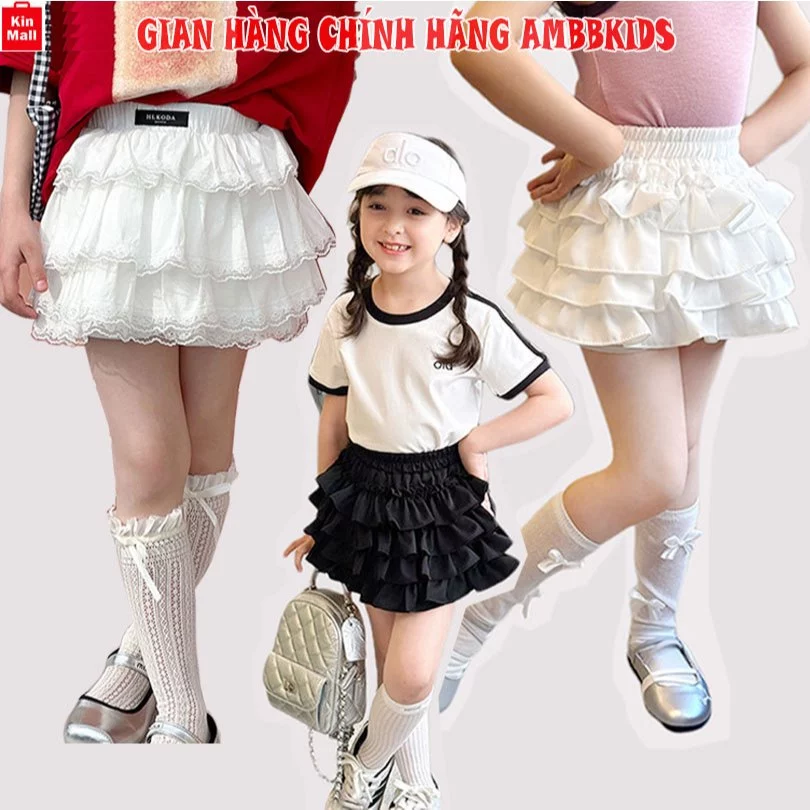 (8-40kg) BST Mẫu Chân Váy Tầng màu trắng Hot Nhất 2025 hãng AMBBKIDS cho Bé Gái, Vải mềm mại có quần an toàn bên trong