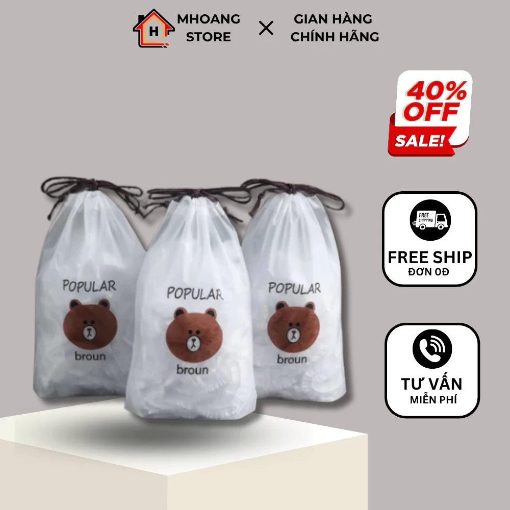 COMBO 5 Sét 100 Màng Bọc Thực Phẩm PE Hình Gấu Có Chun Bo Tái Sử Dụng Được Nhiều Lần