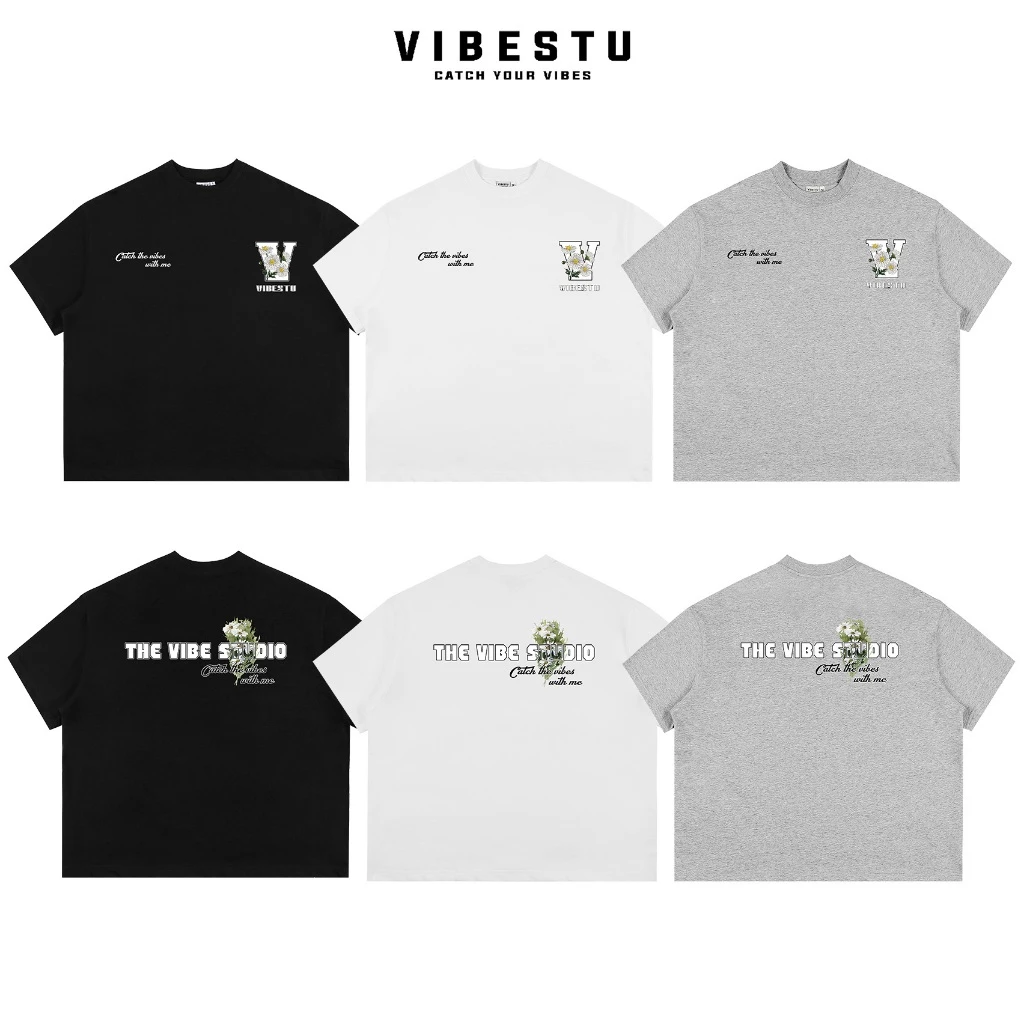 Áo Thun Local Brand VIBESTU "  Cúc Trắng Chữ V " Form Big Boxy Unisex 250Gsm Cotton