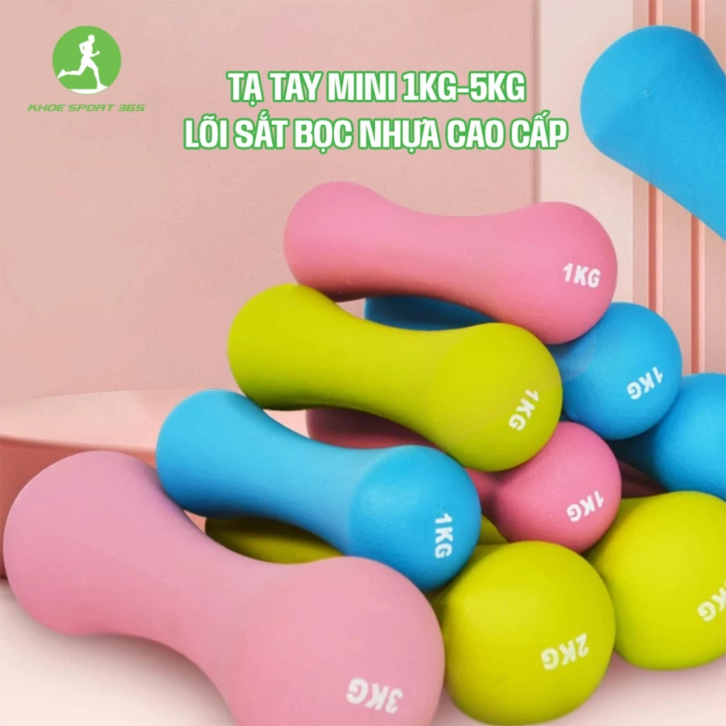 Tạ tay mini lõi sắt tập cho nữ nhỏ gọn, lõi sắt bọc nhựa cao cấp 1-5kg tập thể dục tại nhà - Khoesport