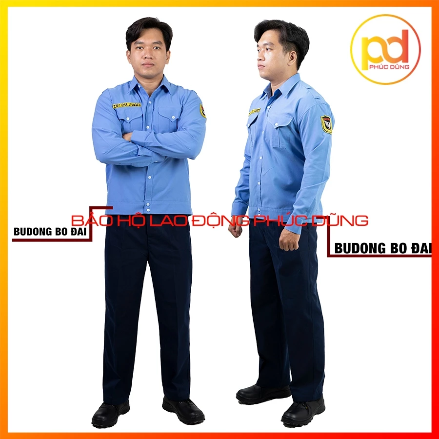 Bộ quần áo đồng phục bảo vệ xanh biển budong bo đai dài tay chuyên nghiệp cotton thấm hút mồ hôi