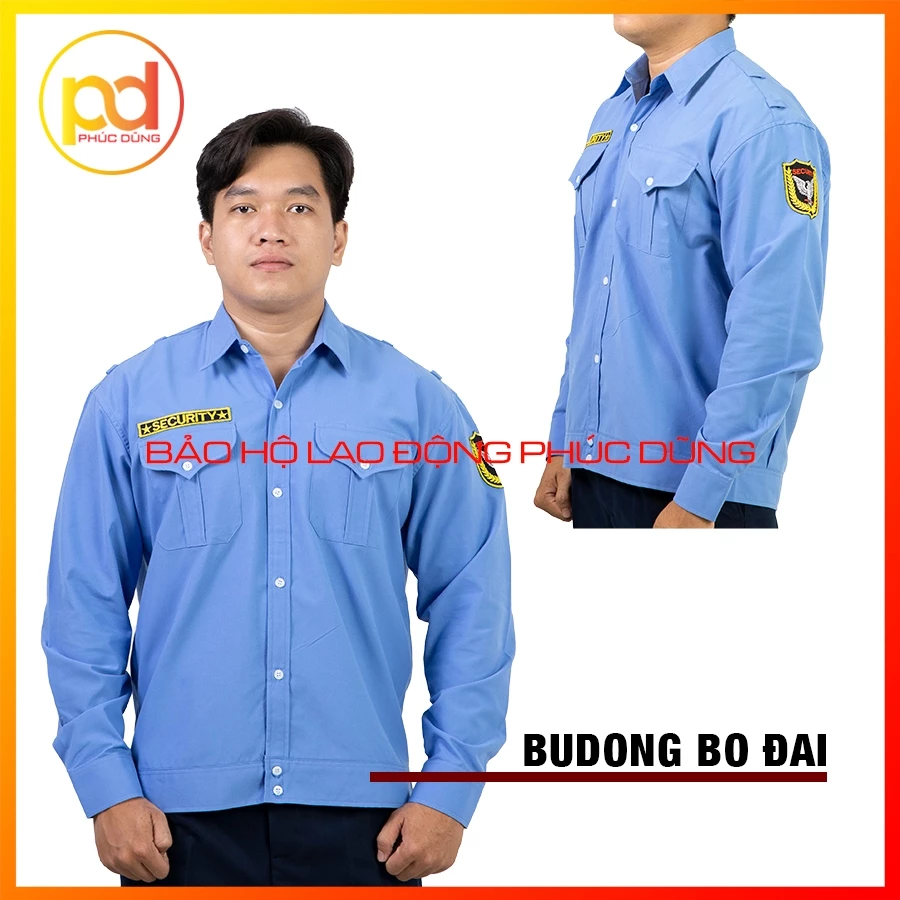 Áo đồng phục bảo vệ xanh biển budong bo đai dài tay chuyên nghiệp cotton thấm hút mồ hôi đủ logo