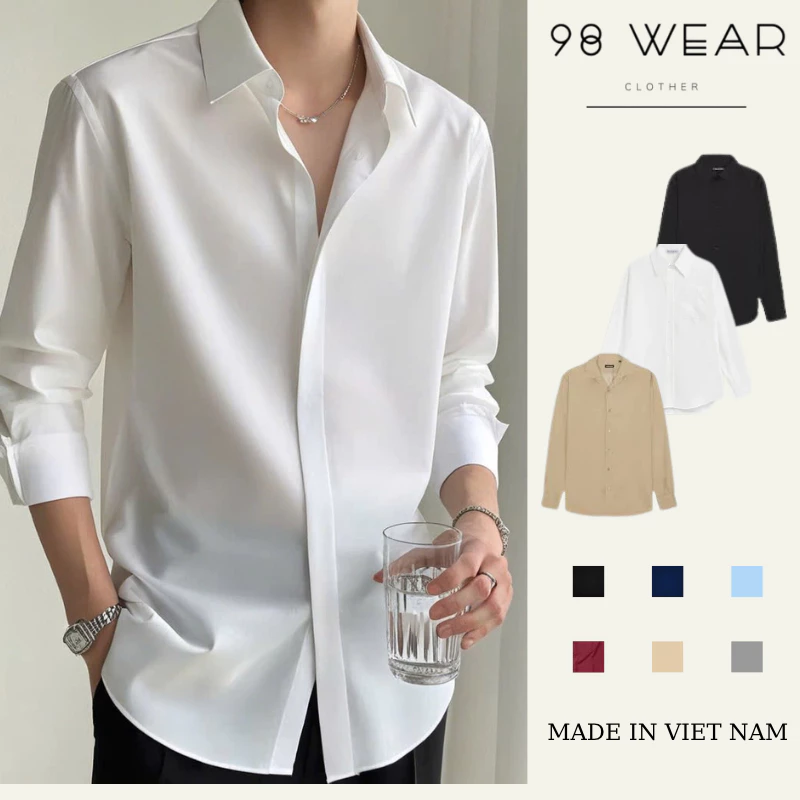 Áo Sơ mi nam Dài Tay Cao Cấp 98WEAR Chất  Lụa Mềm Mịn , kiểu dáng Hàn Quốc không nhăn, không xù