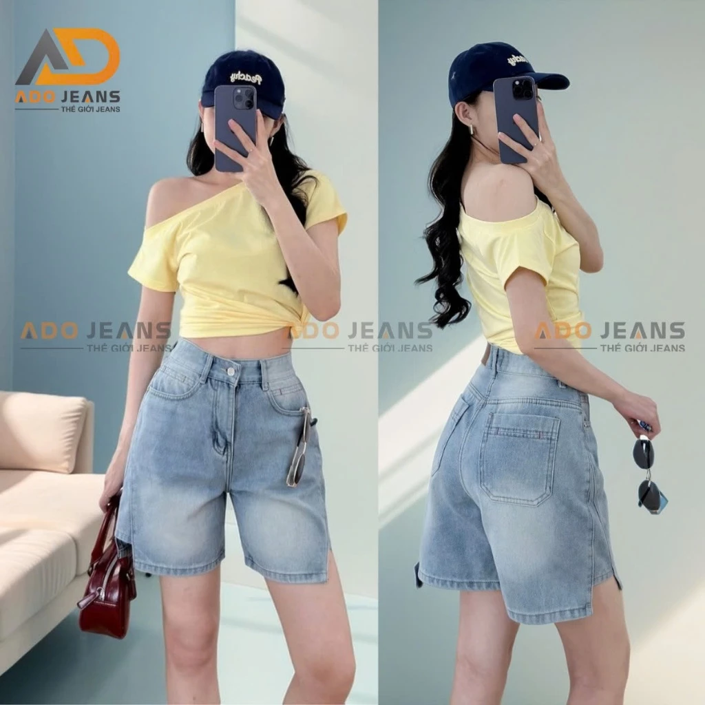 Quần lững ngố jean nữ lưng cao, lai quần cách điệu xinh xắn ADO JEANS (Mã S35 - S38 - S39)