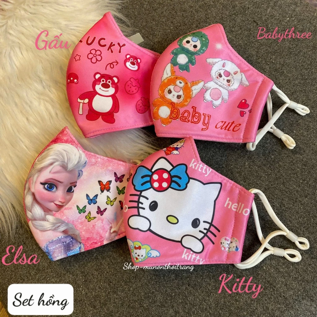 Khẩu trang vải 3 lớp hình Elsa, kitty, babythree, gấu dâu cho bé gái, nhiều màu, có dây rút