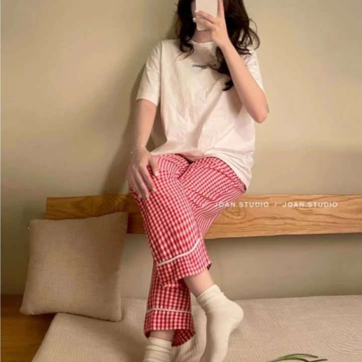 Quần caro dài form vuông mặc ở nhà họa tiết kẻ caro nhiều màu chất liệu kate không nhăn - JOAN.STUDIO