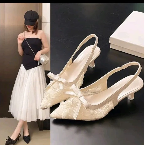 Giày sandanl nữ cao 7 cm ngọc trinh store vải ren tiểu thư xinh xắn KB 094