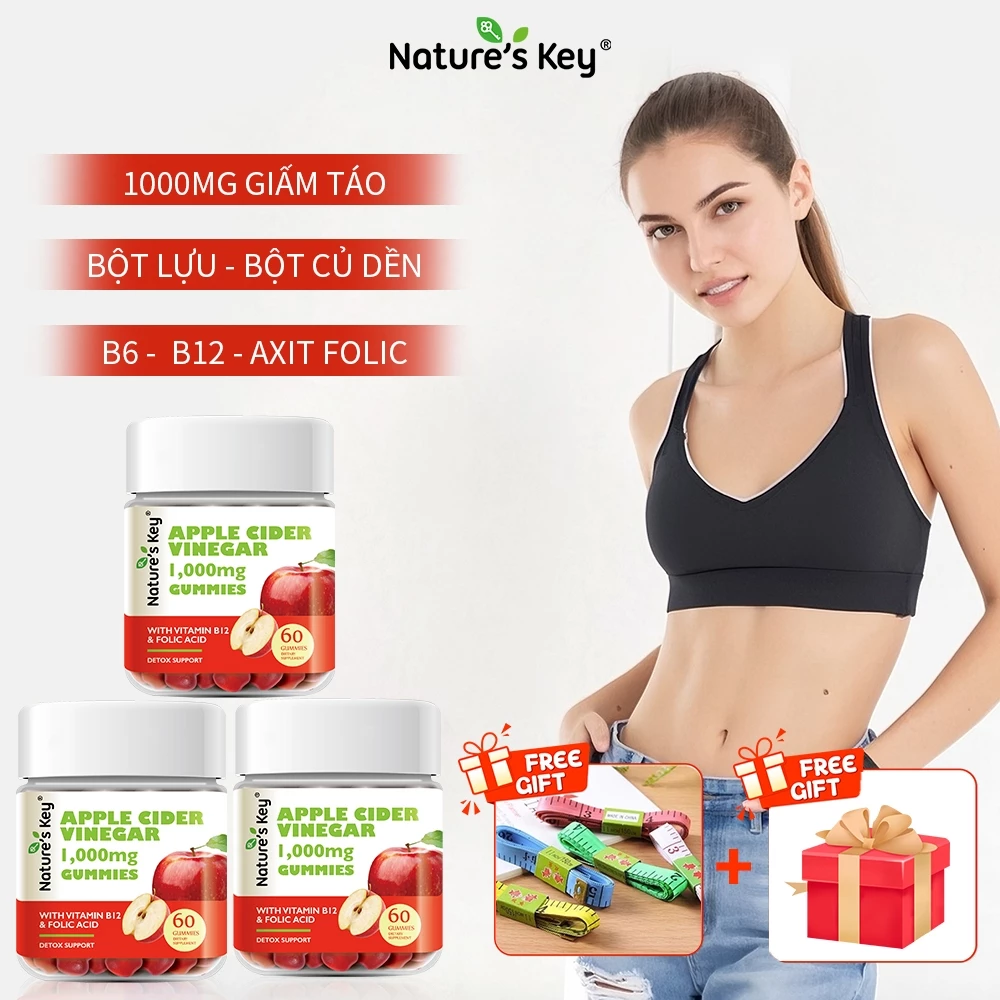 NATURE'S KEY Kẹo Giấm Táo Giảm Cân Gói kết Hợp 3 Chai Kẹo Dẻo Giấm Táo Hỗ Trợ Tiêu Hóa