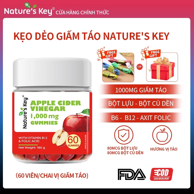 Nature's Key Giấm Táo Hữu Cơ 60 Viên Kẹo Dẻo Giảm Táo Apple Cinder Vinegar