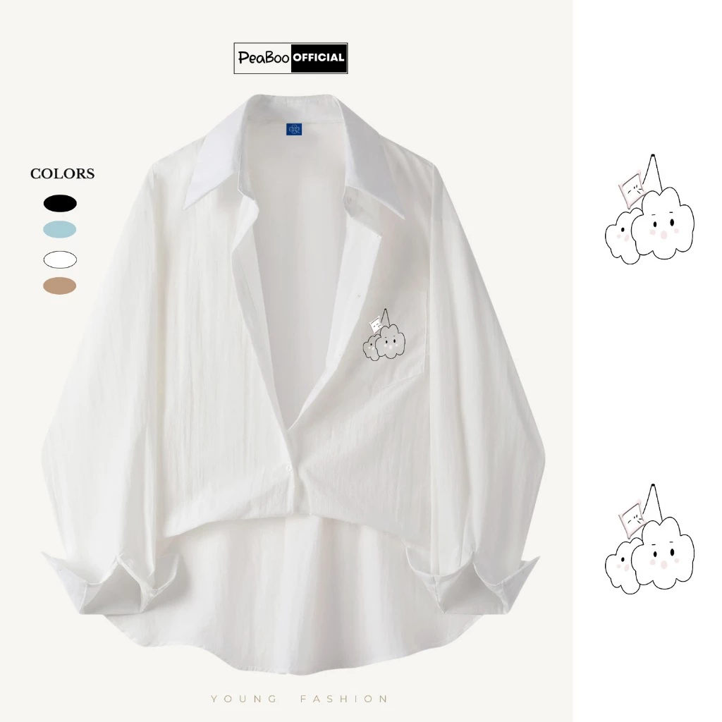 Áo Sơ Mi Nữ, Sơ Mi Nam Nữ Dài Tay Unisex By PEABOO Mã SM In hình Đám Mây Chất Đũi Xước Có Túi Ngực Form Rộng