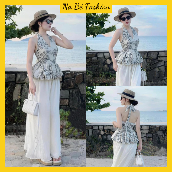 (Có Mút Ngực) Set Áo Yếm Thắt Nơ Hở Lưng Dáng Xoè Cánh Tiên Mix Quần Suông Ống Rộng Phù Hợp Đi Biển, Du Lịch