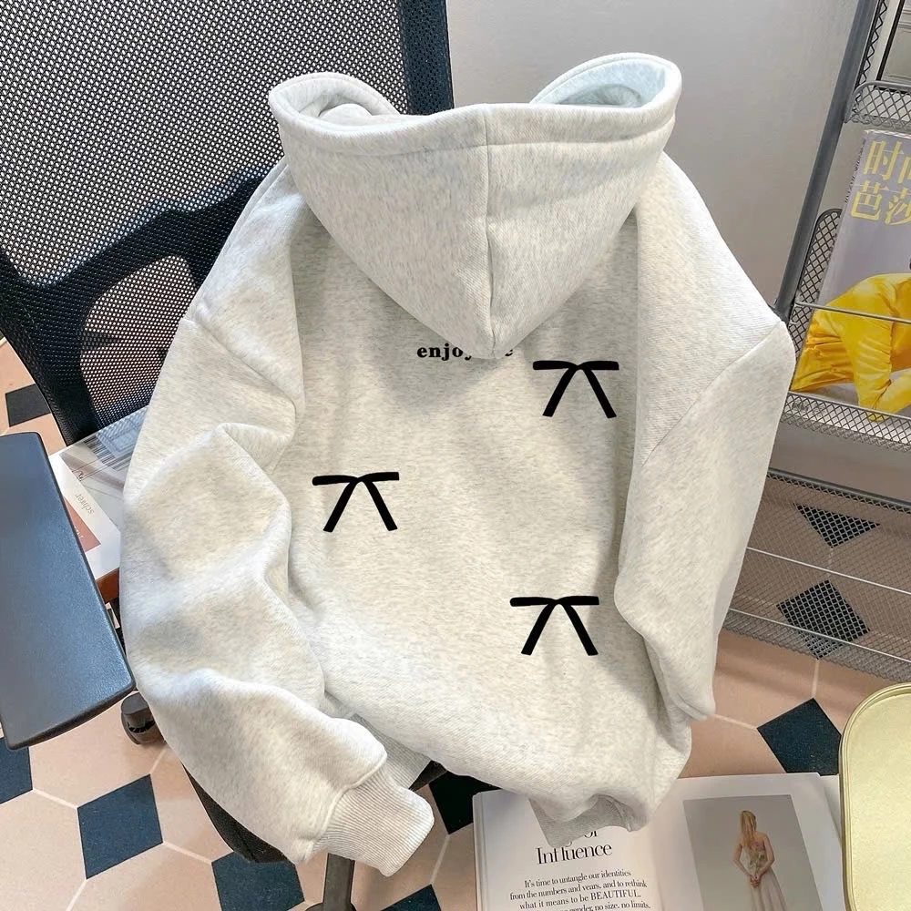 Áo Khoác Nữ Hoodie Zip Khóa Kéo NƠ ENJOYLIFE Xinh Xắn Mũ To 2 Lớp Có Túi Trong Form Rộng Oversize