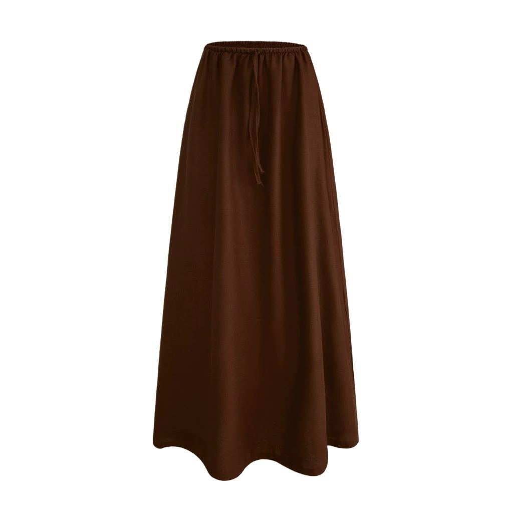 ( VER2-BROWN MAXI ) Chân váy form dài suông nâu, chất linen có dây rút | BAHYCHIC