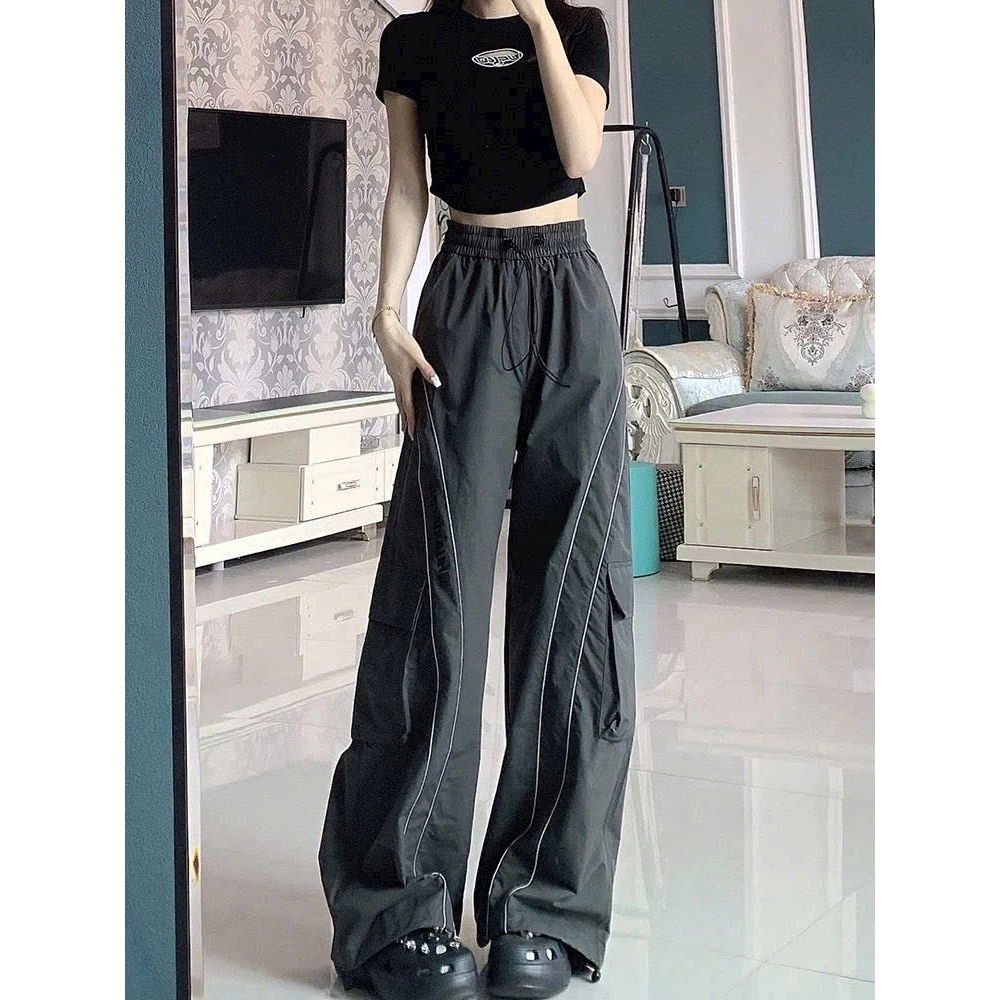 Quần jogger Túi Hộp Vải Dù Màu Đen Nam Nữ Kiểu Dáng Hip Hop Quần ống Rộng Unisex Dài Cạp Cao Thun Có Dây Rút Lai Chạy Mí