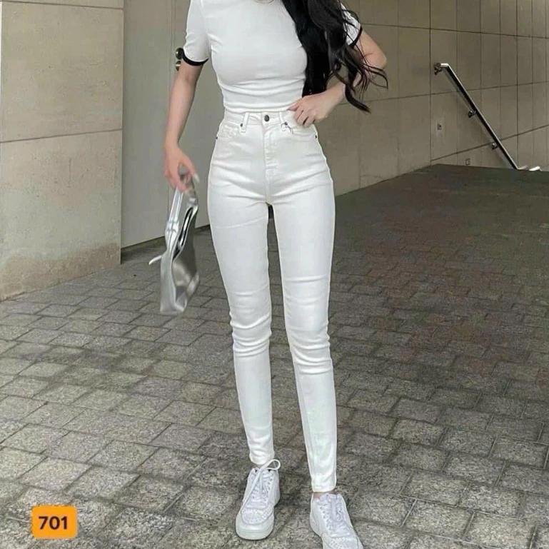 Quần jean nữ màu trắng co giãn, quần bò lưng cao 9 tấc dáng ôm body cạp cao nhiều mẫu Bi shop173 ms701